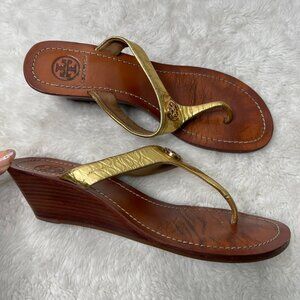 Tory Burch Women's Brown Gold Wedge Heeled Sandals Leather Shoes Size 7.5
